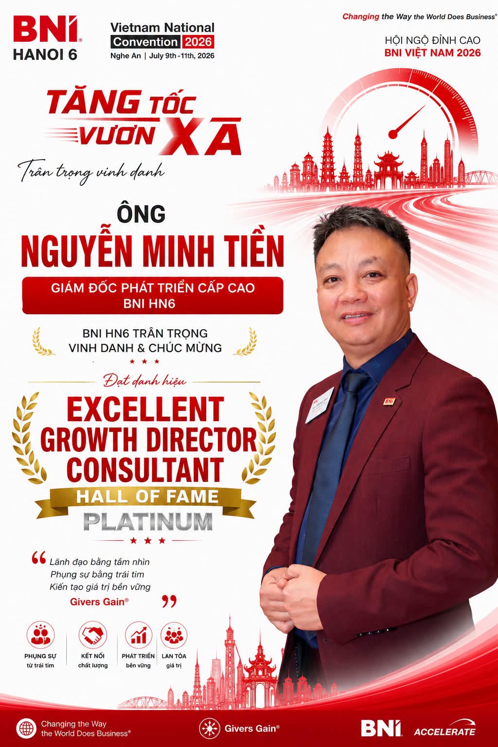 BNI HN6 vinh danh ông Nguyễn Minh Tiền đạt danh hiệu Excellent Growth Director Consultant – Hall of Fame Platinum tại Hội Ngộ Đỉnh Cao BNI Việt Nam 2026